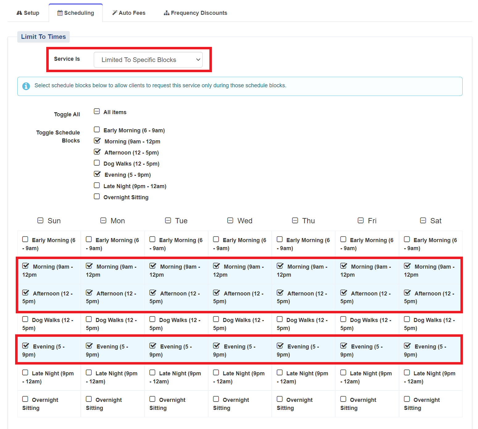 screenshot of service scheduling tab with boxes around limited schedule block options