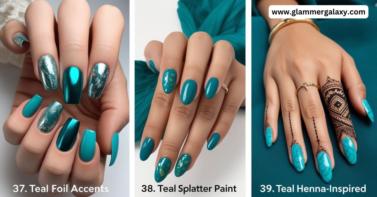 Three images showcasing teal nail art designs with foil, splatter, and henna-inspired accents on long nails.