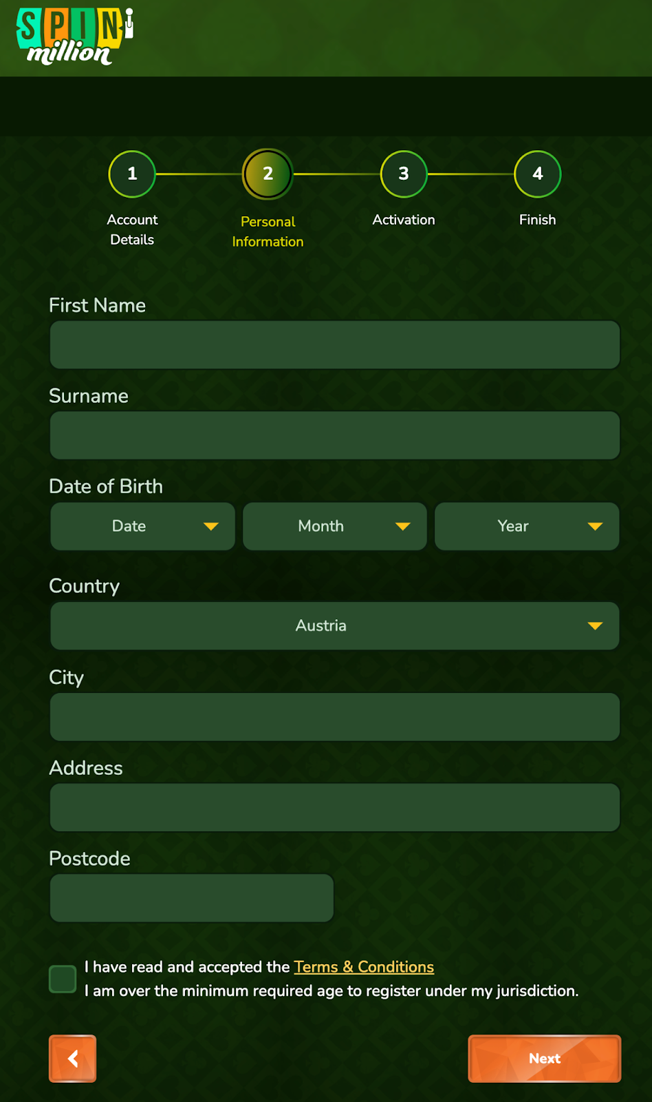SpinMillion Registration Step 3