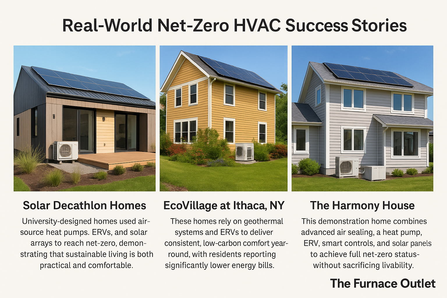 A digital composite image showcases three real-world net-zero homes, each with solar panels, heat pumps, and energy recovery systems, demonstrating successful HVAC solutions in Solar Decathlon homes, EcoVillage at Ithaca, and The Harmony House, branded by The Furnace Outlet.