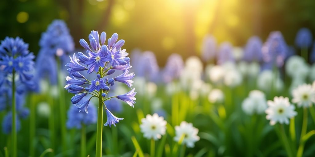 Jardim com flores de agapanto azul e branco.