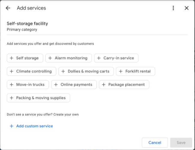 screenshot of the Google Business Profile services screen