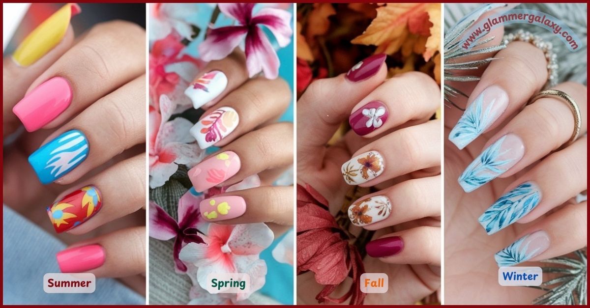 Four images of hands with nail art representing summer, spring, fall, and winter themes.