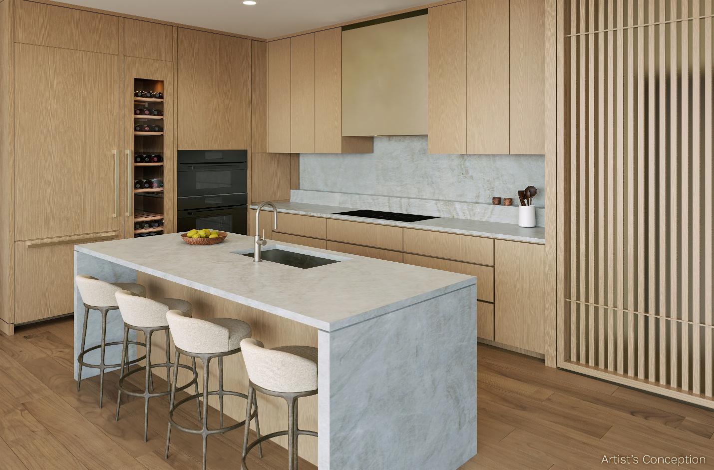 A kitchen with a bar and stools

AI-generated content may be incorrect.