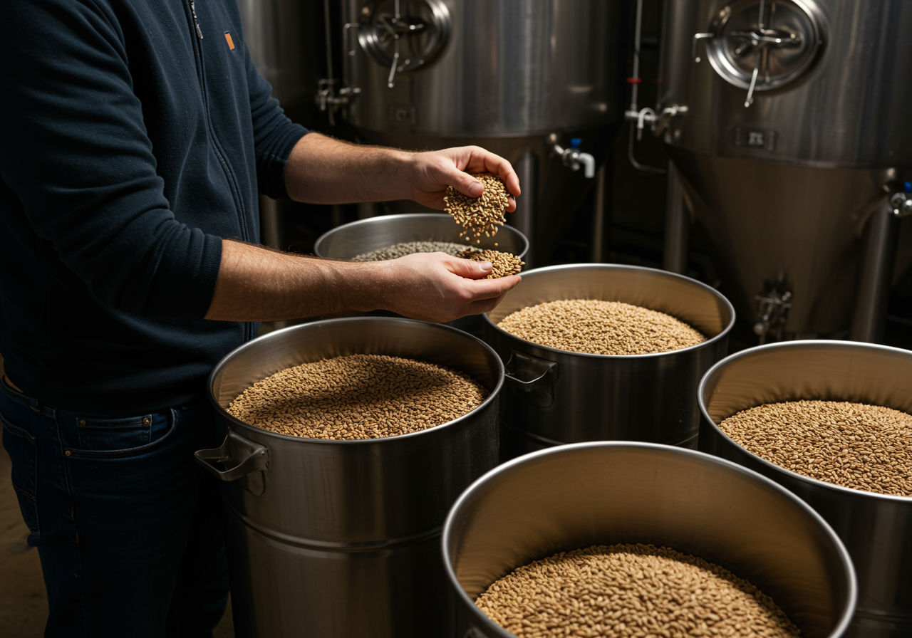 A photorealistic shot capturing a craft brewer selecting different types of malt from various containers in a brewery, showcasing the variety of malts used in different beer styles