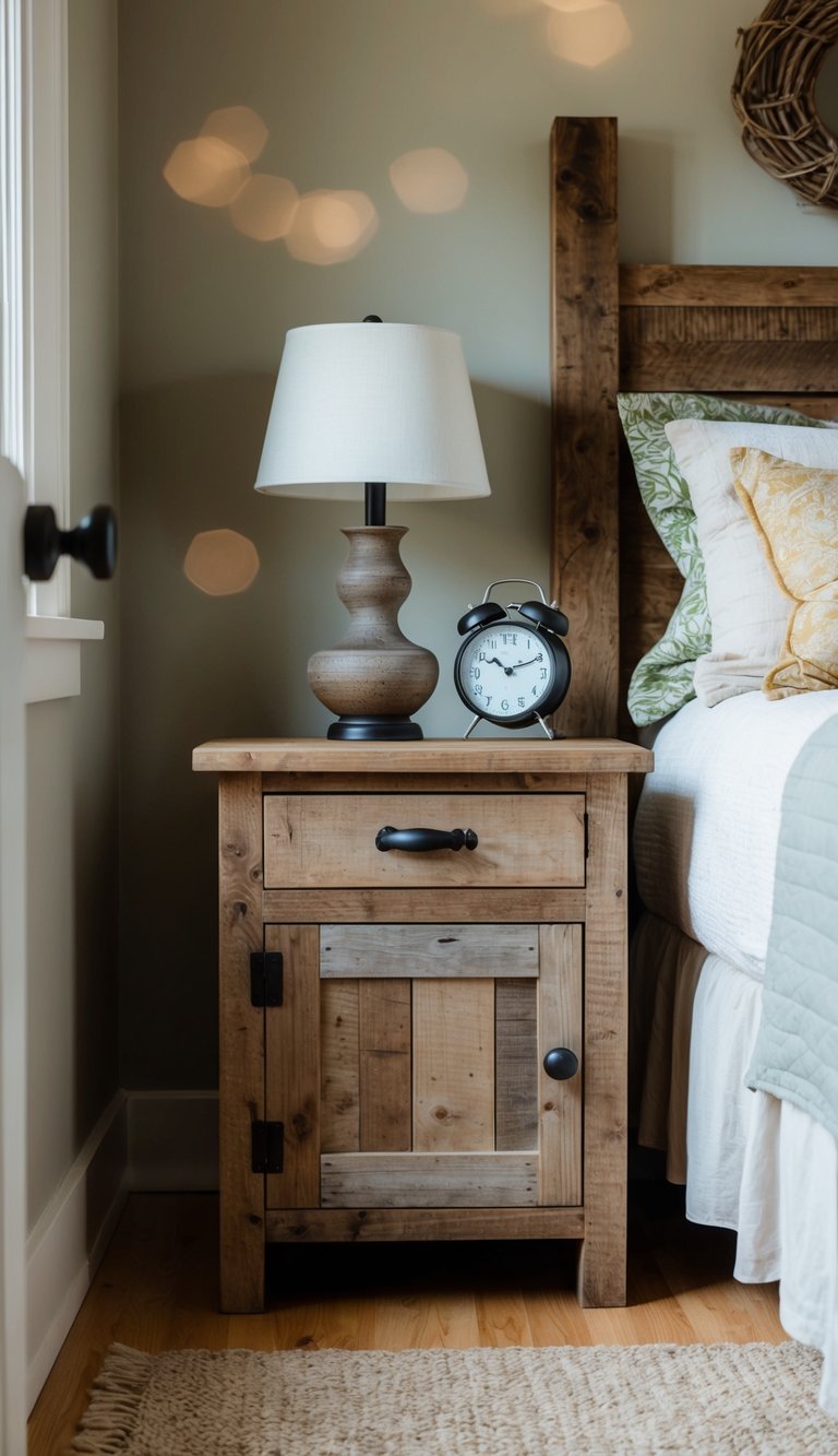 A rustic nightstand made of reclaimed wood sits beside a cozy bed in a country farmhouse bedroom