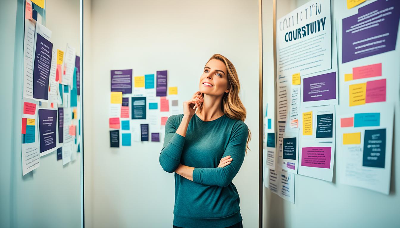 A person standing confidently in front of a mirror, visualizing themselves as irresistible to others. The mirror reflects their determined expression and the surrounding space is filled with motivational quotes and posters, inspiring them to take action towards manifesting their desired outcome.