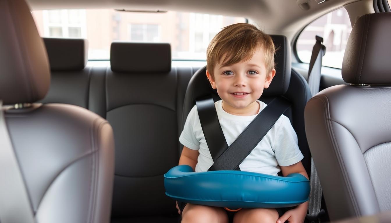 Child using BubbleBum booster in taxi with proper seatbelt positioning