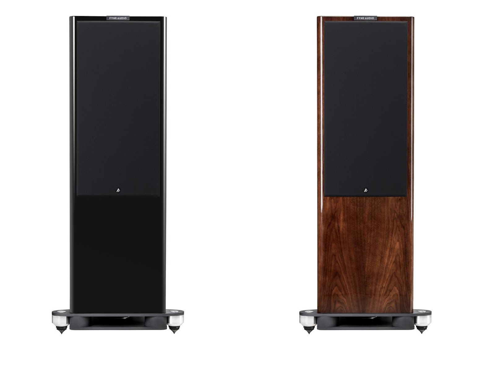 Fyne Audio F704SP floorstanding speakers with grille in two colors: piano gloss black, and walnut.