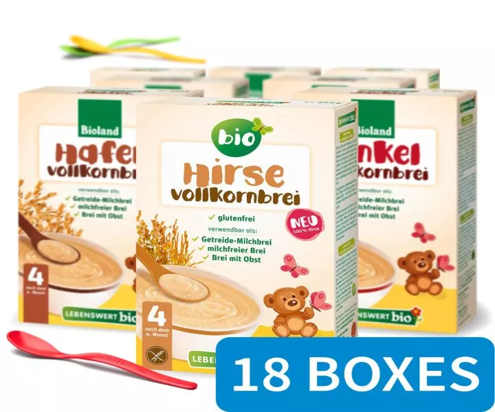 Set of 18 boxes of Bioland organic whole grain millet cereal, labeled as gluten-free and suitable for babies from 4 months, with a teddy bear illustration on the front, alongside a red spoon.