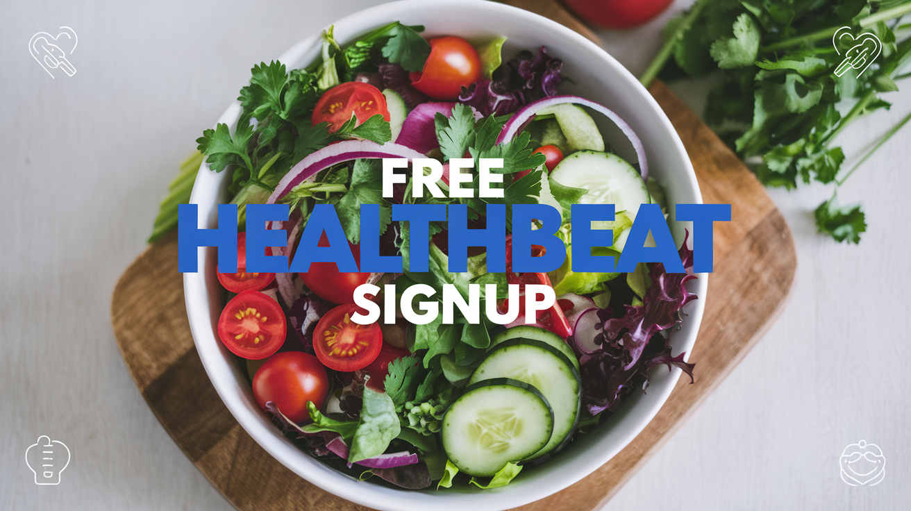 Create a realistic image of a smartphone screen displaying a colorful, healthy-looking salad bowl filled with vibrant vegetables and leafy greens, with the text "Free Healthbeat Signup" prominently displayed above it, against a clean white background with subtle health-related icons faintly visible in the corners.