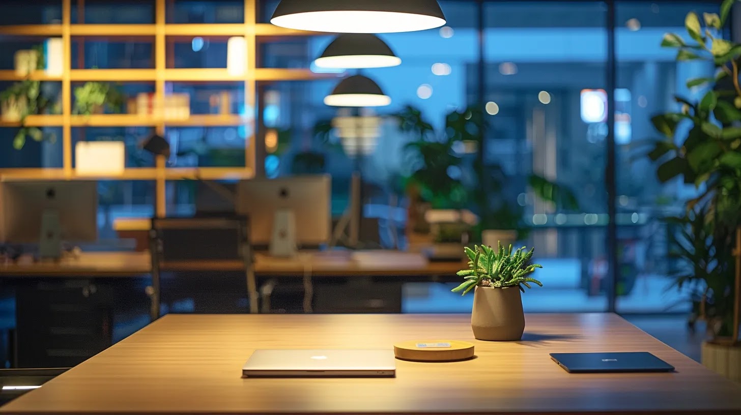 a sleek, modern workspace glowing with ambient light showcases a bold, minimalist logo design prominently displayed on a vibrant backdrop, symbolizing the transformative power of brand identity.