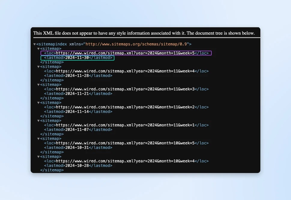 XML sitemap example with lines of commands and links with "xml?" in the URL