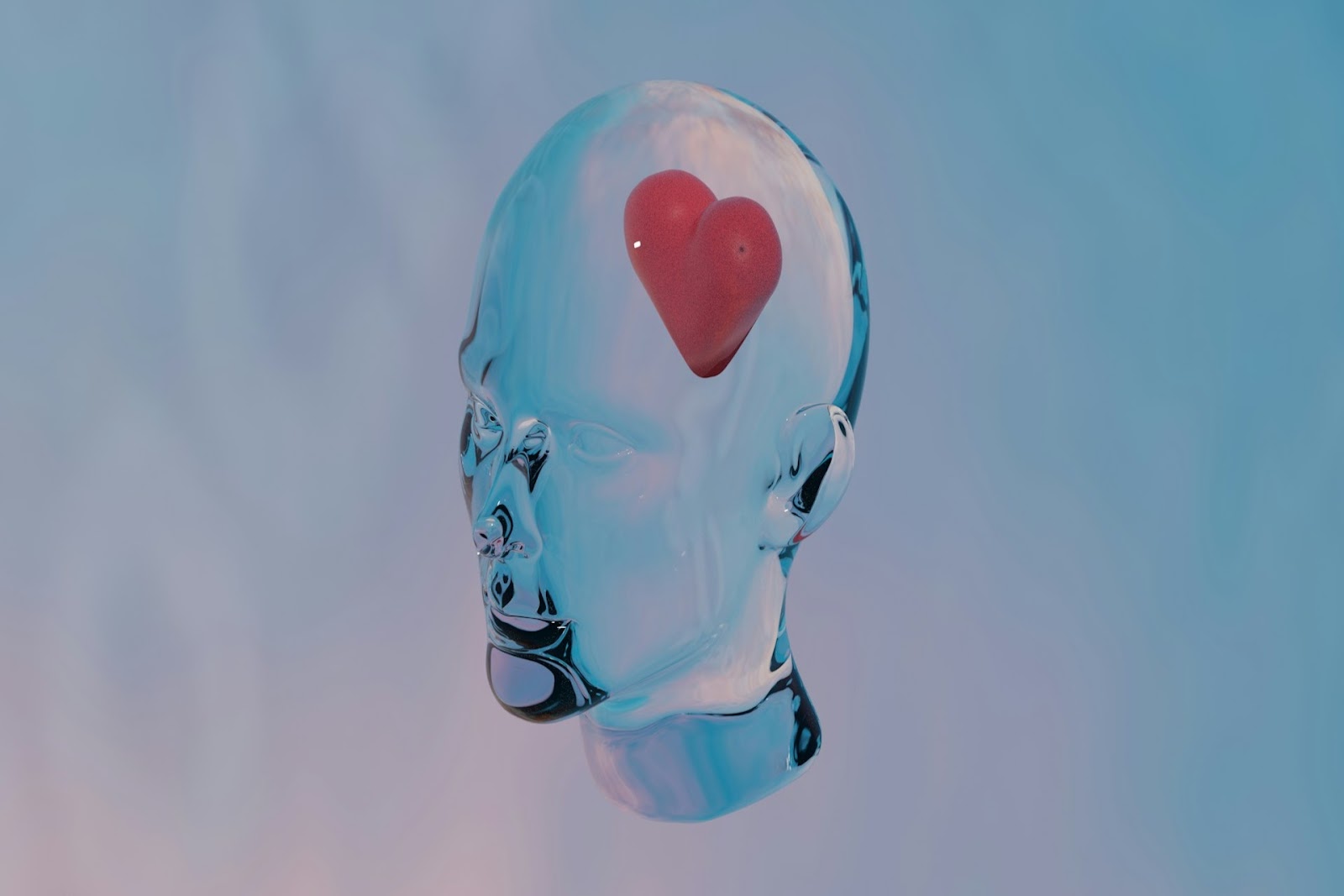 Glass head with a red heart inside.