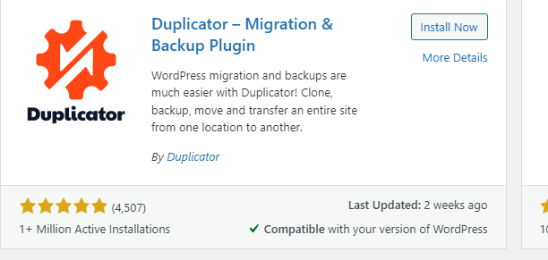 a screenshot of Duplicator plugin with Install Now highlighted