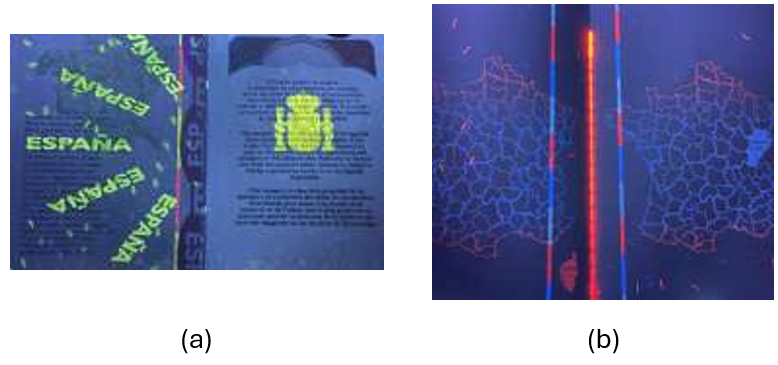 Spanish (a) and French (b) passports under UV excitation.