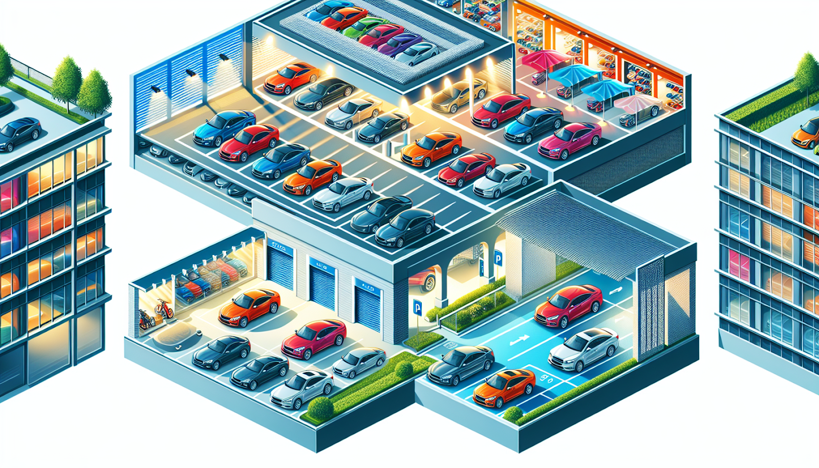 An illustration showcasing different types of car storage units including outdoor and indoor options.