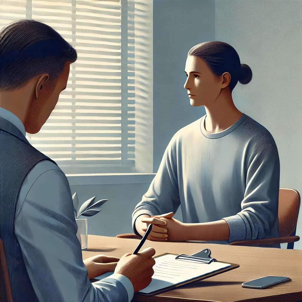 An illustration of a person undergoing a psychological assessment, sitting across from a professional writing on a clipboard.