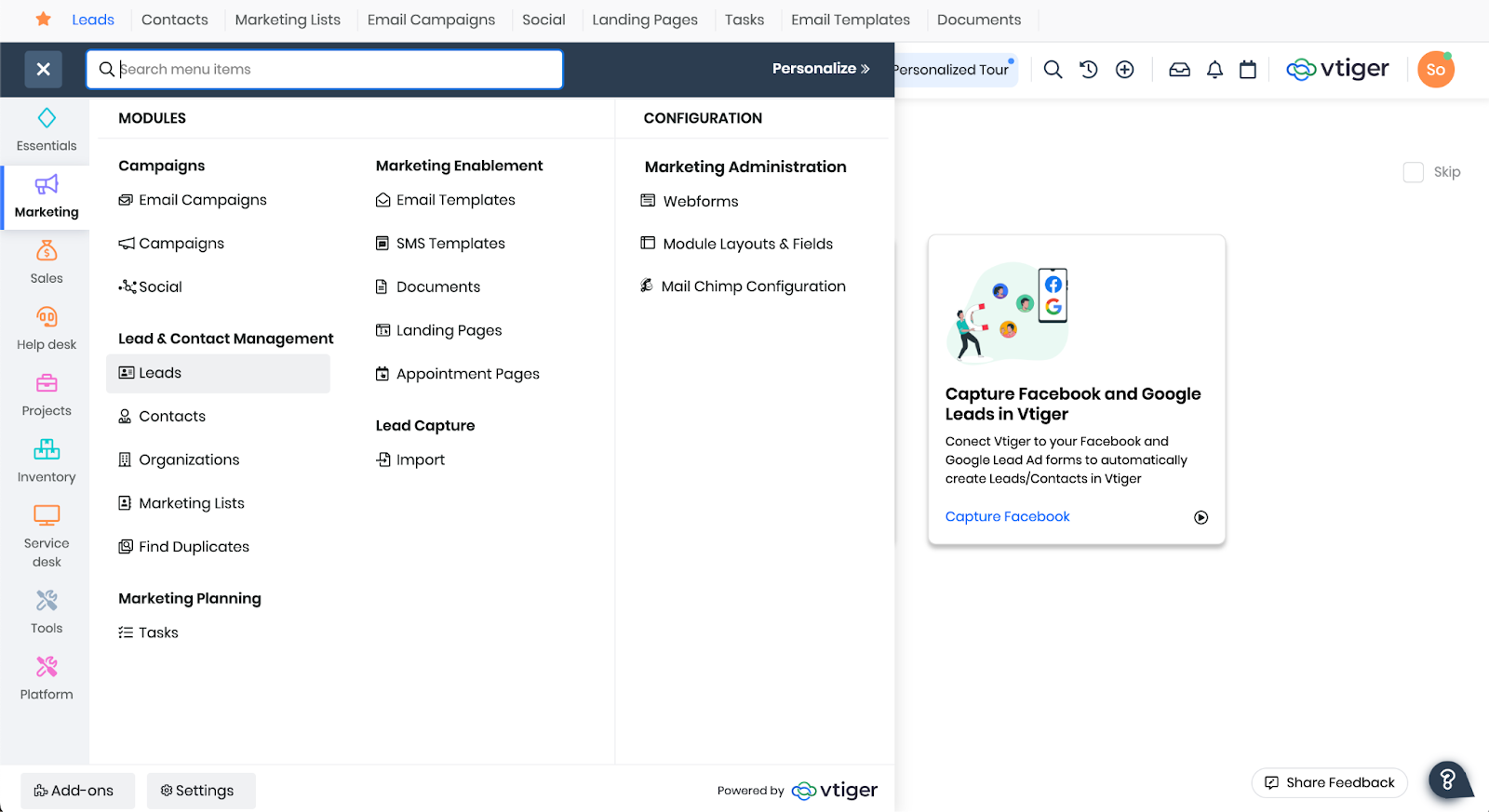 Vtiger CRM dashboard 