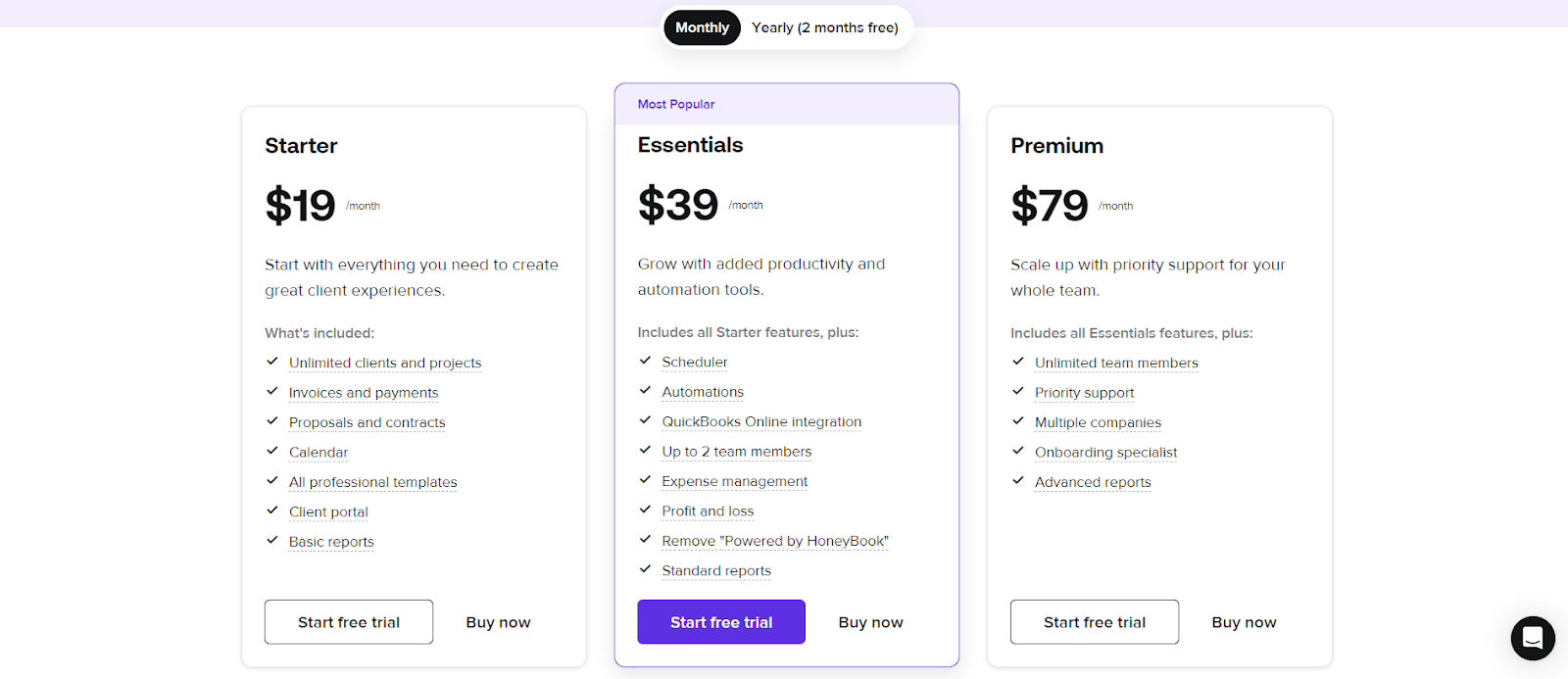 HoneyBook Pricing