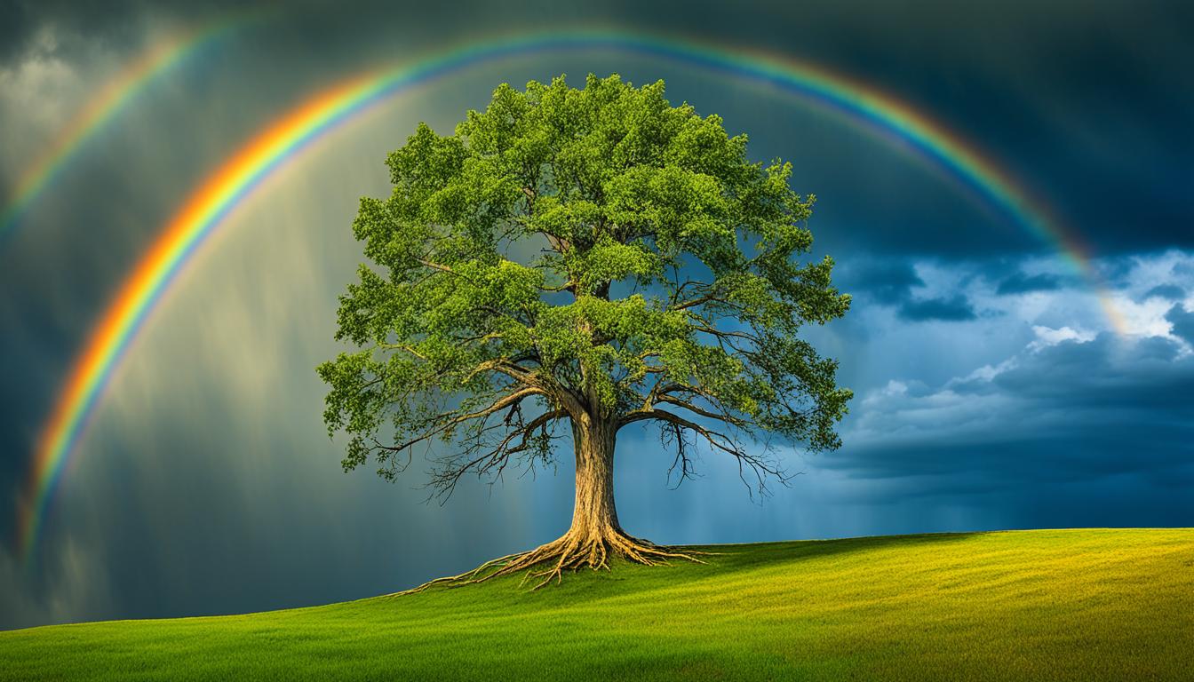 A solitary tree stands tall and strong on a hill, surrounded by dark storm clouds. Yet, a faint glimmer of light shines through the clouds, signaling hope. On the ground around the tree are deep roots that have grown over time, representing patience and persistence in the face of adversity. In the distance, a rainbow can be seen, symbolizing the manifestation of blessings that come from staying committed to one's path.