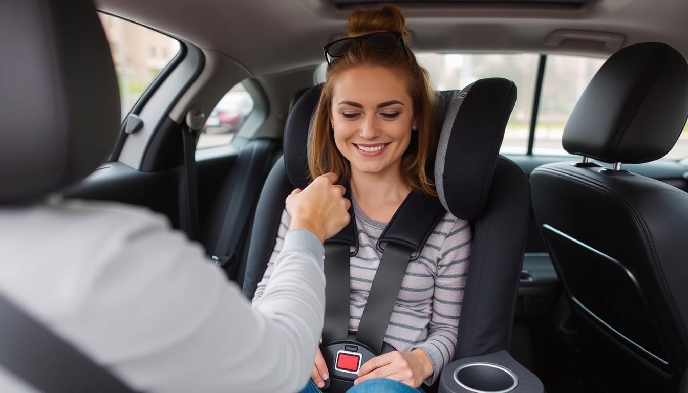 Parent performing inch test on car seat in rental car