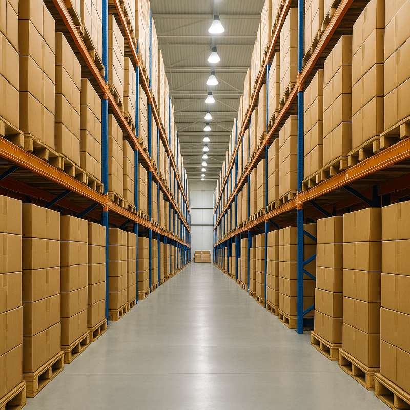 Kho hàng với kệ pallet và thùng carton gọn gàng sắp xếp