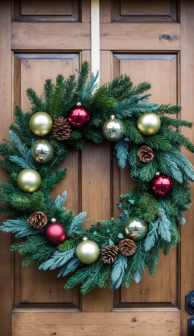 A wreath made of evergreen and eucalyptus, adorned with festive ornaments, hangs on a rustic wooden door