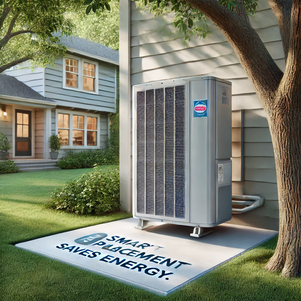 Outdoor mini-split HVAC unit placed in shaded yard for optimal energy efficiency and airflow, on concrete pad