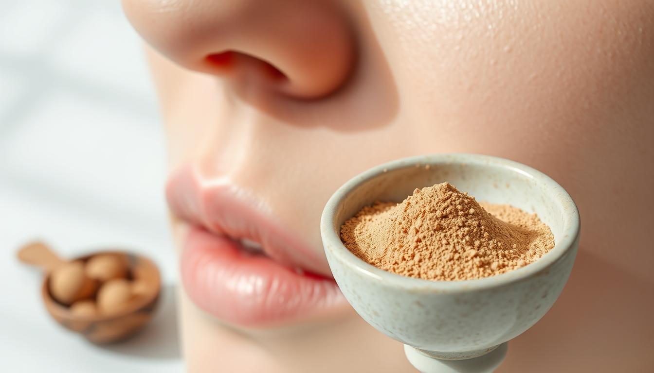 Close-up of blackheads on nose with sandalwood powder nearby