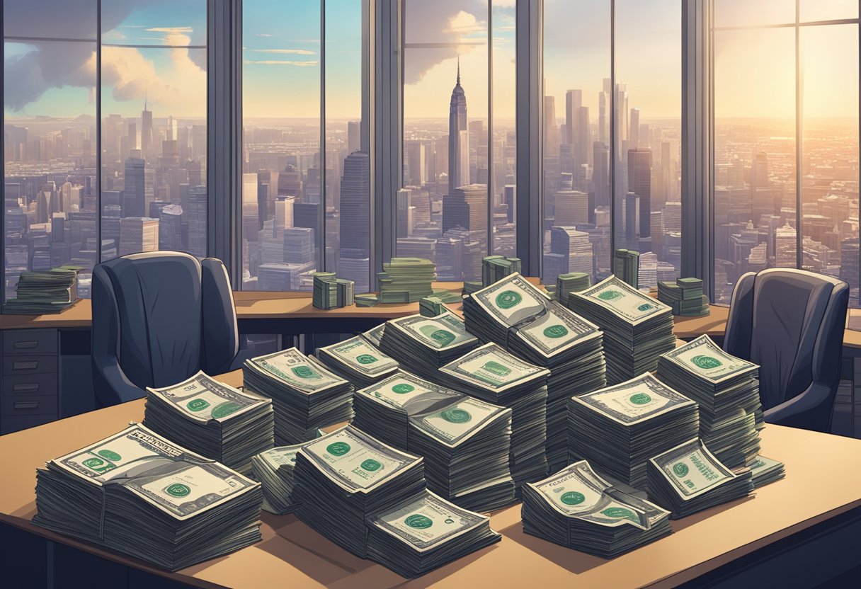 An open book surrounded by stacks of money and a luxurious office setting with a view of a city skyline