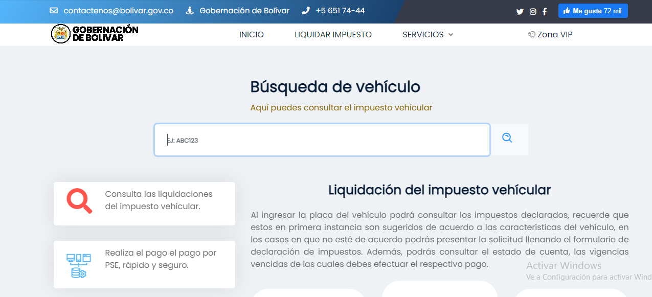 Pagina de liquidación de impuesto vehicular en Bolívar 2025.