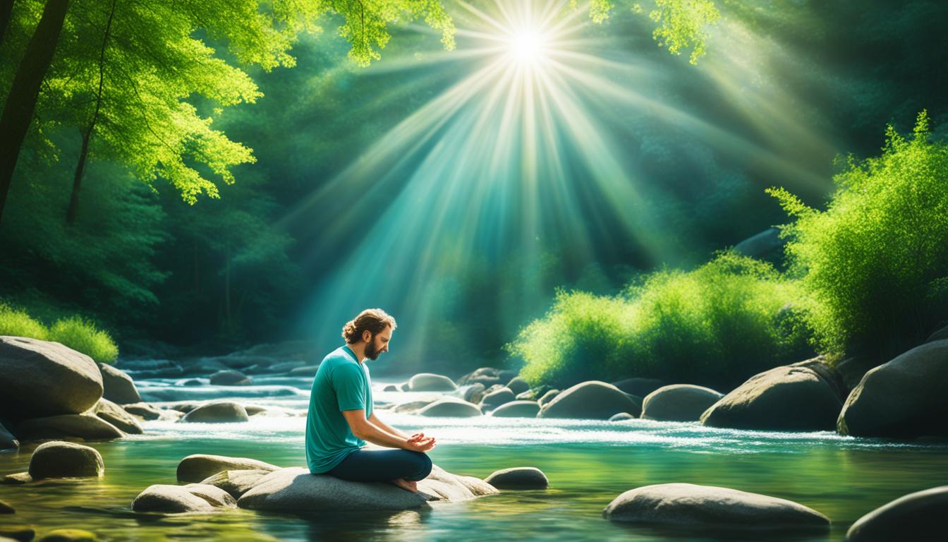 A person sitting cross-legged on a rock in the middle of a flowing river, with closed eyes and hands in a prayer position. The surrounding nature is lush green with trees and plants. The sunlight is shining bright and reflecting off the water. Above the person's head, a bright orb of light represents their manifestation power.