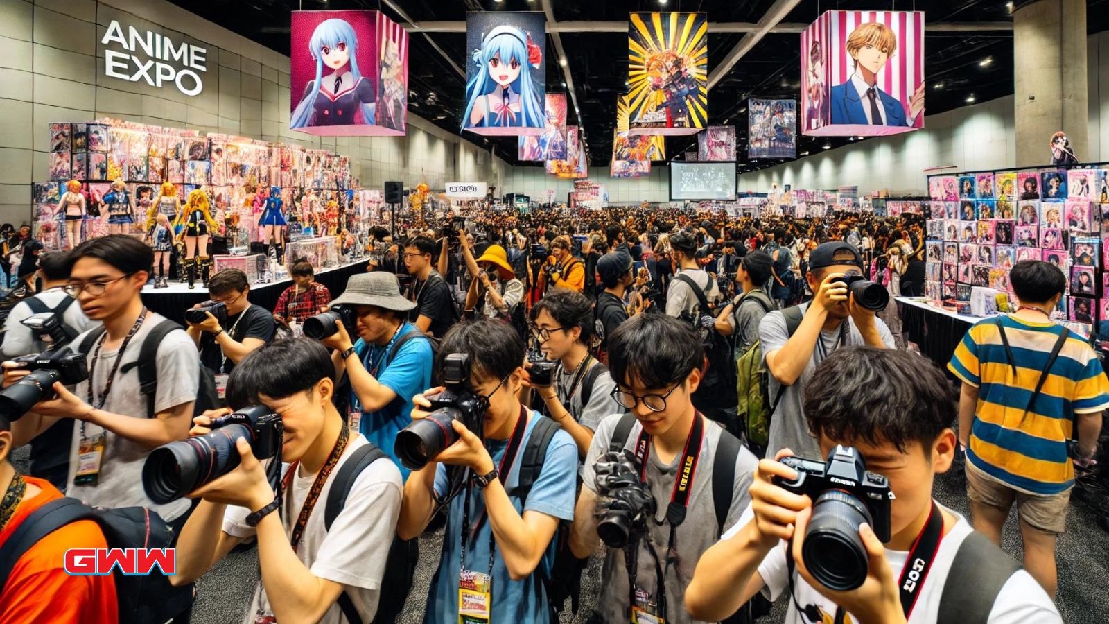 An energetic scene at Anime Expo showing attendees with cameras.