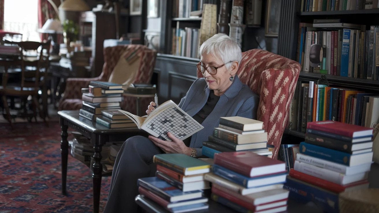  An older adult solving a crossword puzzle or reading a book.