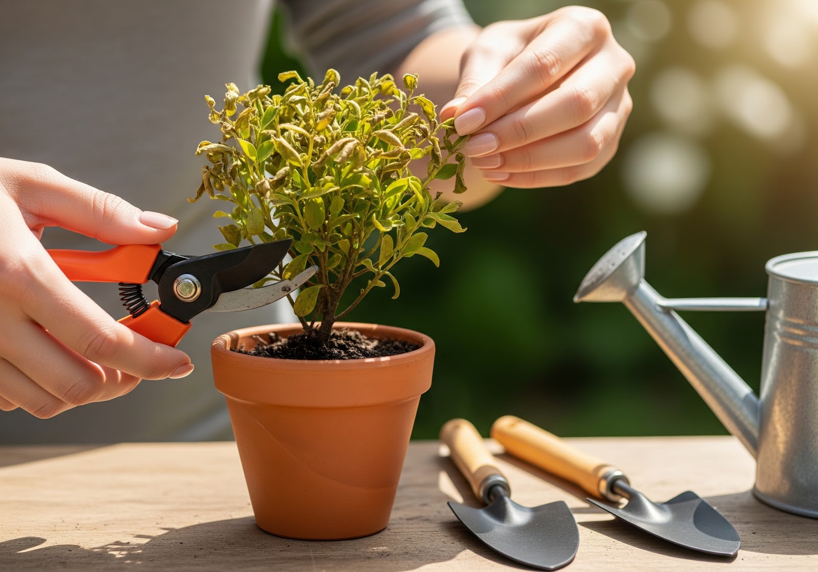 Mãos podando delicadamente as folhas secas de uma pequena planta em um vaso, com ferramentas de jardinagem ao lado.