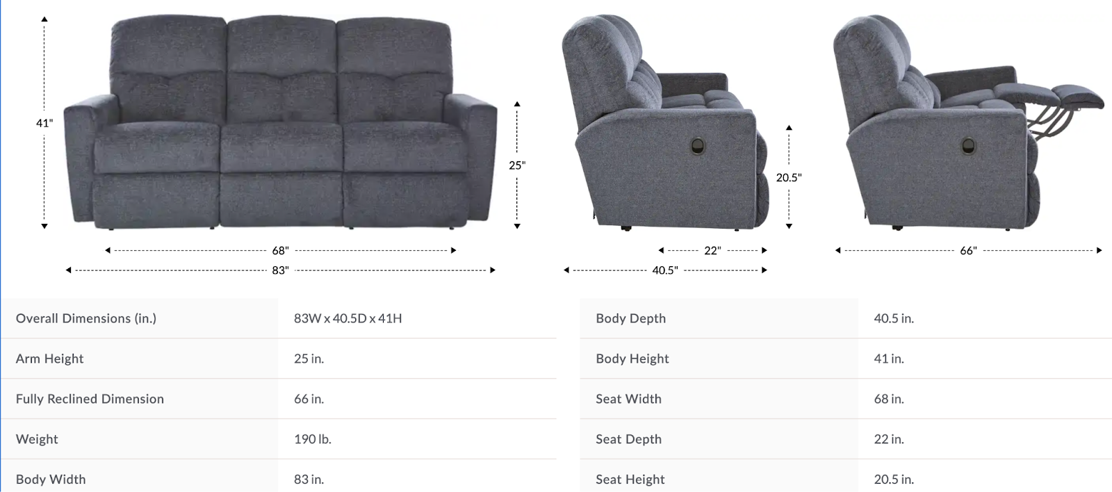 hawthorn reclining sofa size and dimensions