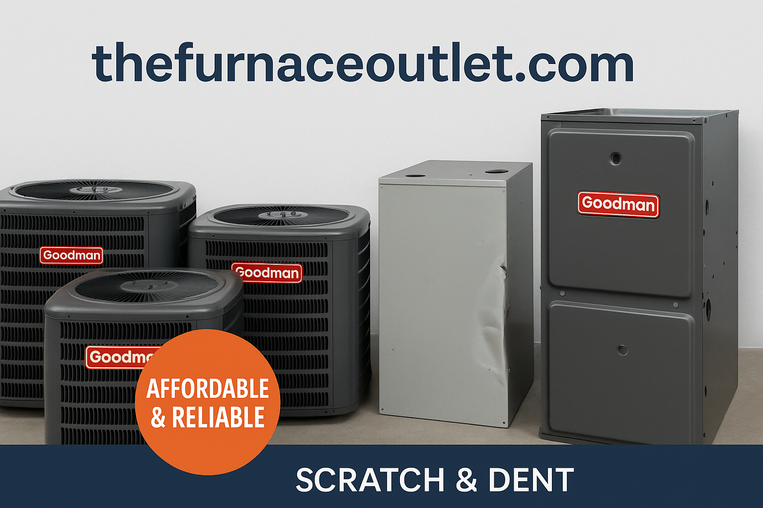 A digital advertisement showcases an array of HVAC units, including three Goodman air conditioners and two furnaces—one with a visible dent—under the branding of TheFurnaceOutlet.com, promoting scratch and dent affordability.