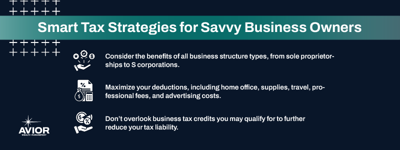 Key takeaways:

Consider the benefits of all business structure types, from sole proprietorships to S corporations.
Maximize your deductions, including home office, supplies, travel, professional fees, and advertising costs.
Don’t overlook business tax credits you may qualify for to further reduce your tax liability.
