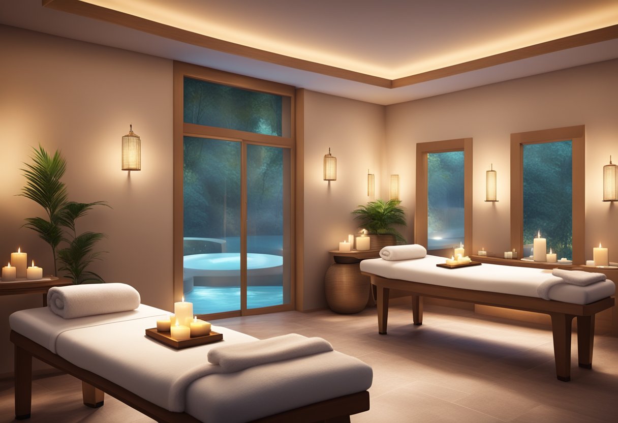 A serene spa room with two massage tables adorned with fluffy towels and soothing candles, surrounded by calming music and the scent of essential oils