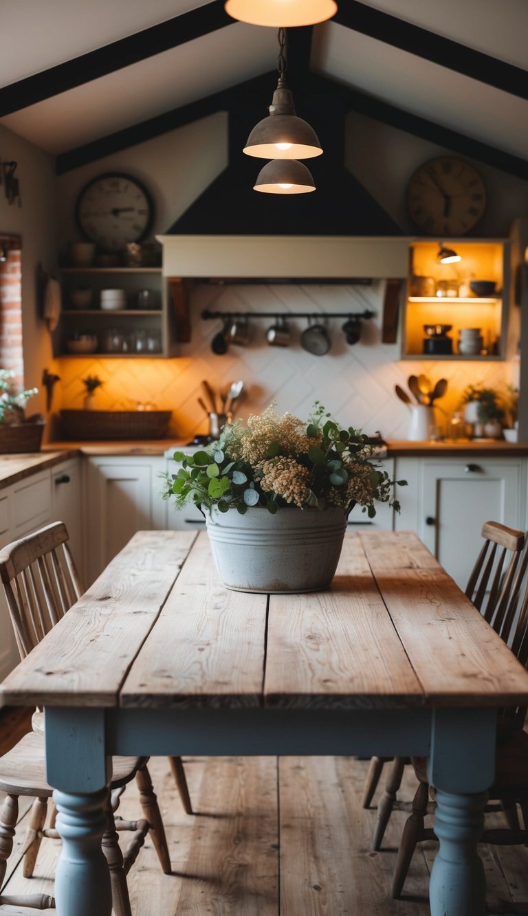 A weathered wooden table sits in a cozy farmhouse kitchen, surrounded by rustic decor and warm lighting