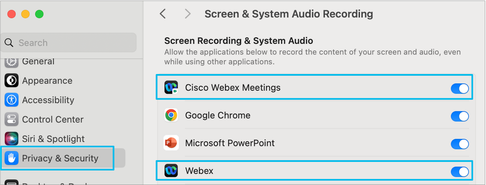 Mac privacy settings allowing Webex screen recording.