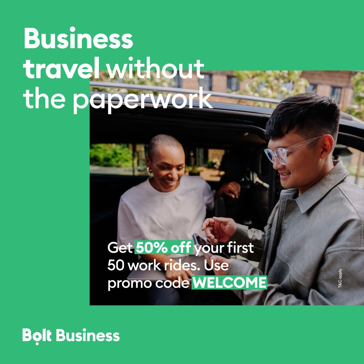 Bolt Business ad shows man and woman exiting car, green background, text “Business travel without paperwork,” 50% off.