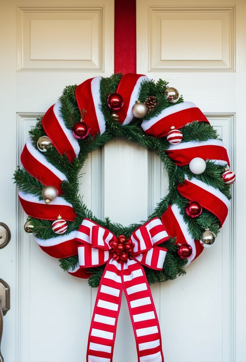 A festive wreath with red and white candy cane stripes hangs on a door, adorned with a bow and festive ornaments