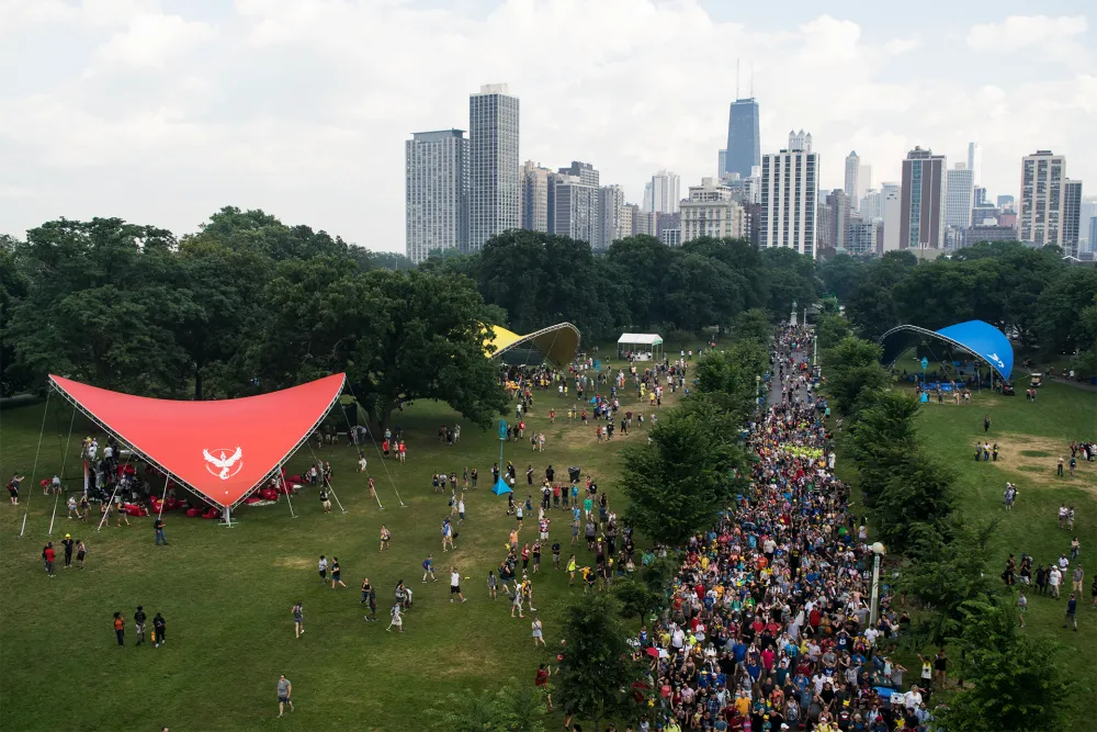 Crowd of people in a park in Chicago at Pokémon fest