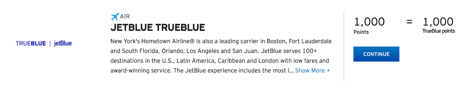 screenshot of transferring points from citi to JetBlue