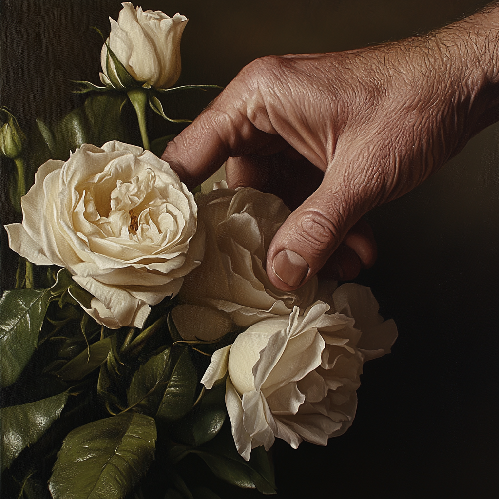 A man touching a white rose in a bouquet | Source: Midjourney