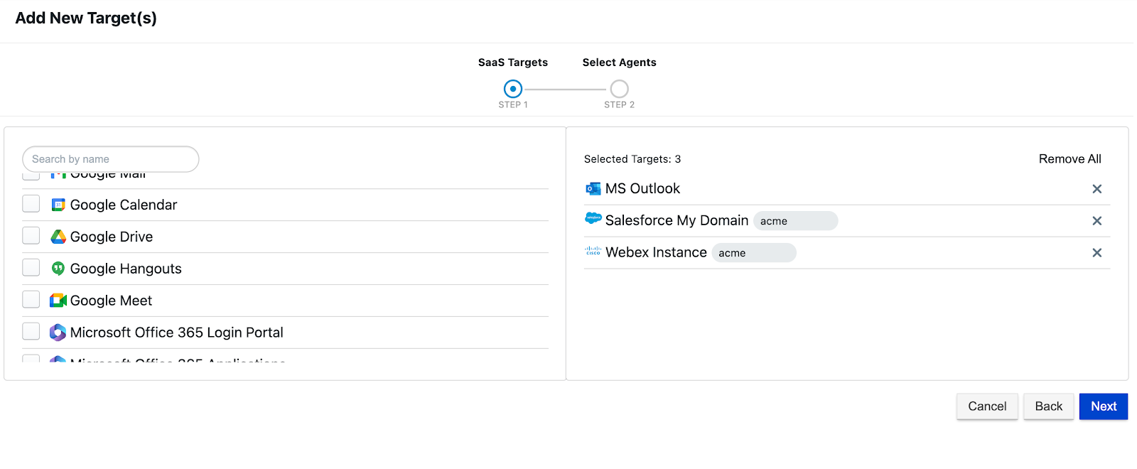 Select the SaaS applications that will be monitored.