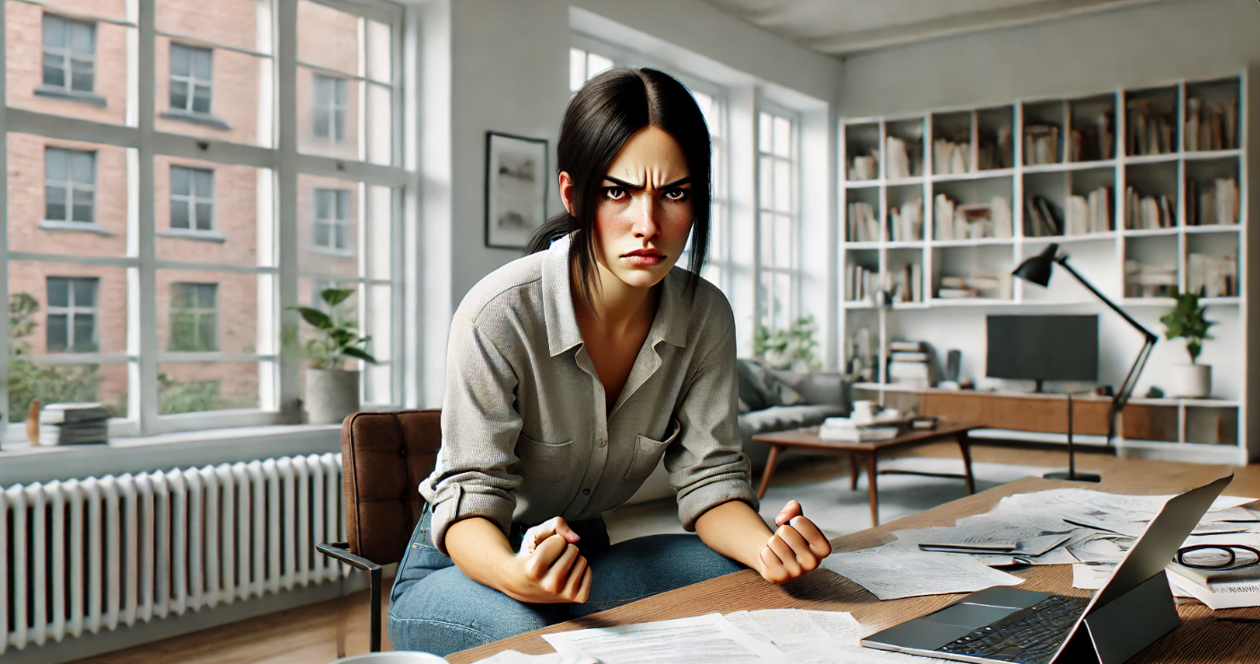 Types of Conflict. A frustrated woman with dark hair sits at a desk in a modern home office, clenching her fists and looking intensely angry. Papers are scattered across the desk, and an open laptop is in front of her. Behind her, bookshelves filled with books and large windows letting in natural light create a professional yet tense atmosphere.