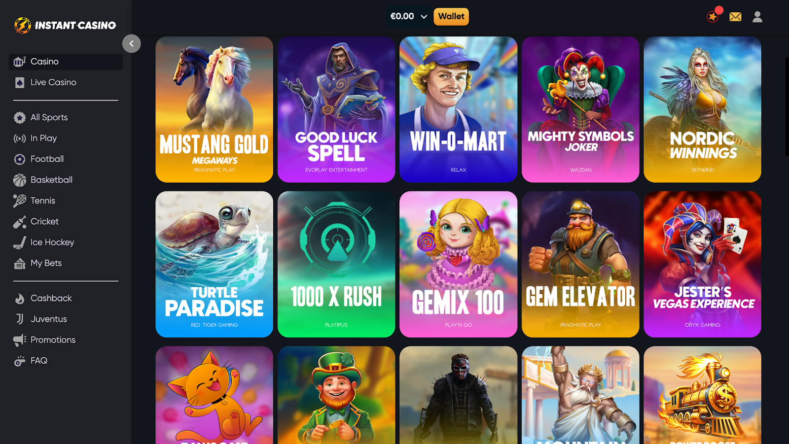 Game selection at Instant Casino